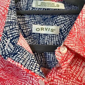Orvis Women's Vibrant Red and Navy Button Down Shirt